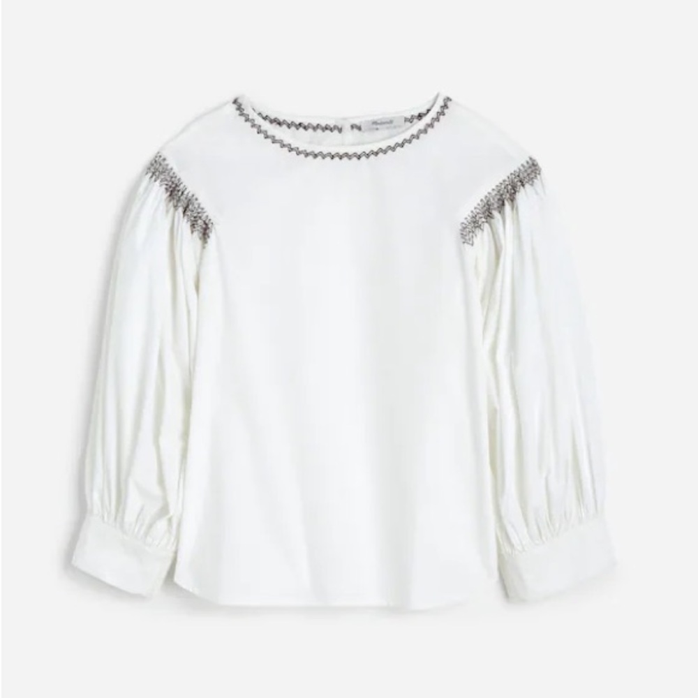 Madewell White Top with Black Zigzag Embroidery